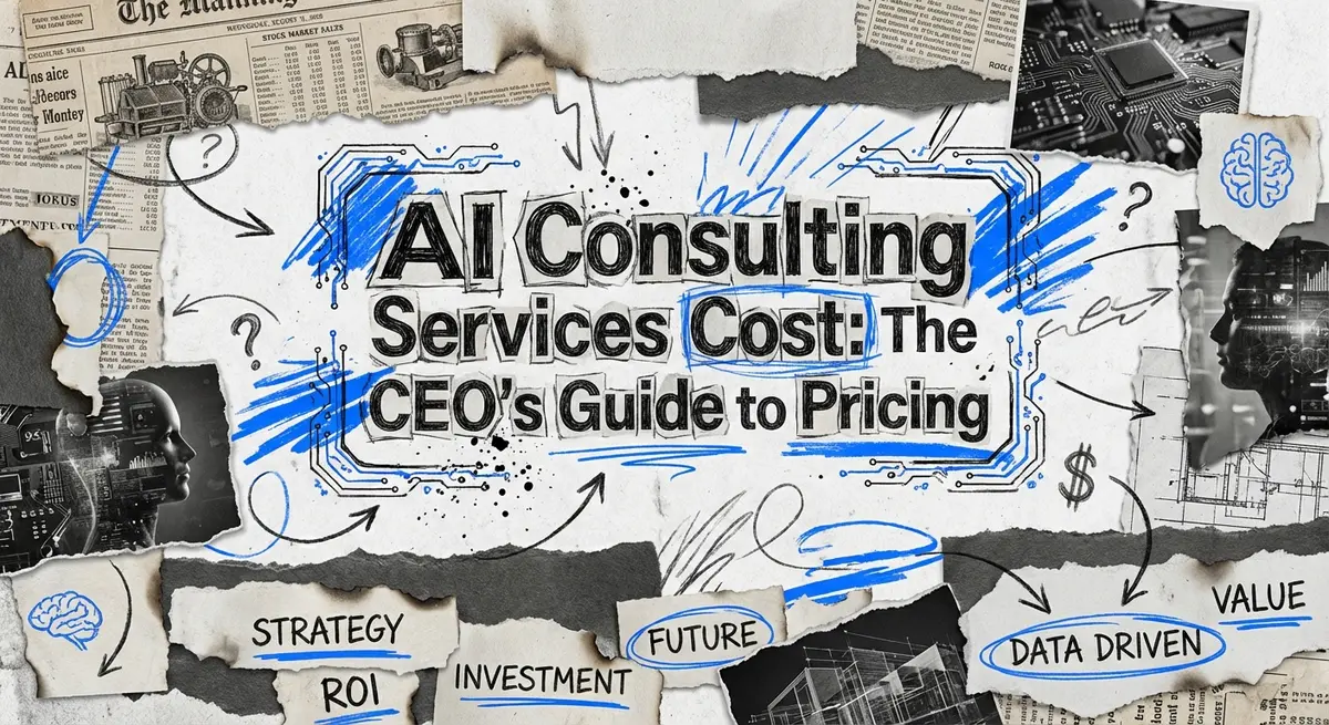 AI consulting services cost breakdown displayed as a torn paper collage with electric blue accents