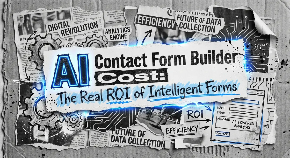 AI Contact Form Builder Cost collage with torn paper and electric blue accents