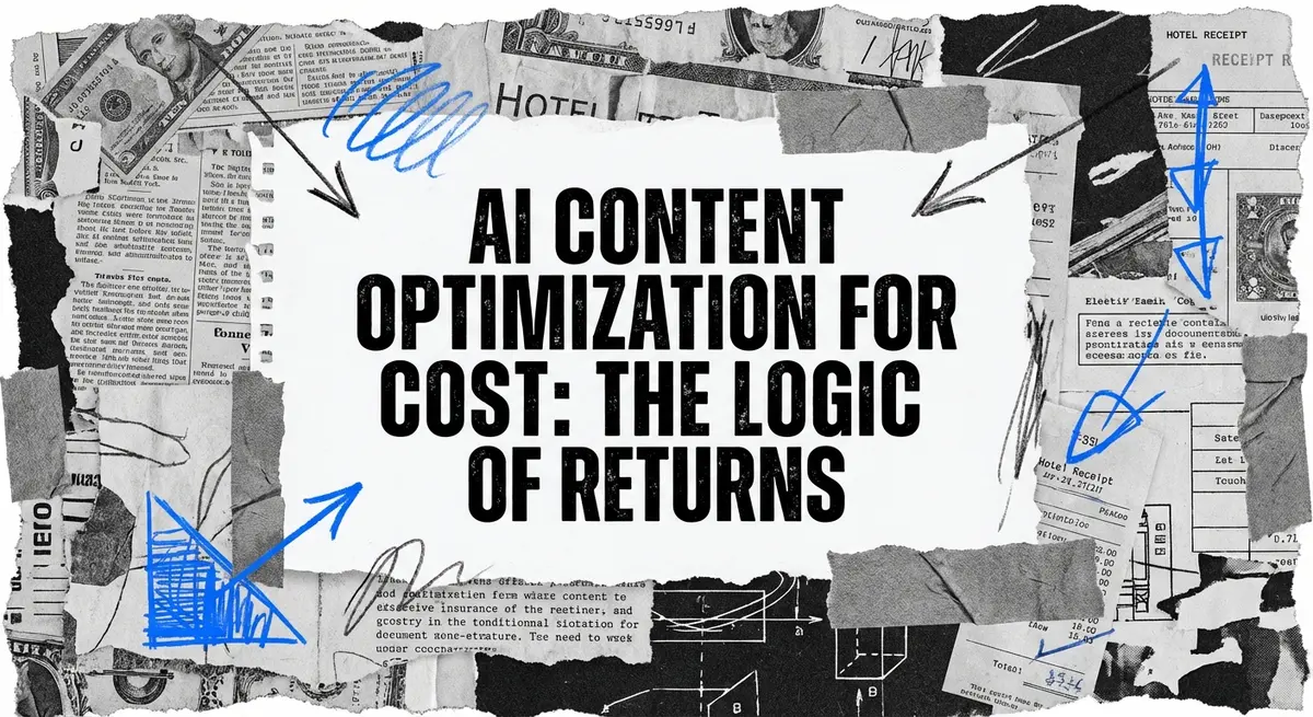 AI content optimization for hotels cost analysis collage with torn paper and electric blue accents
