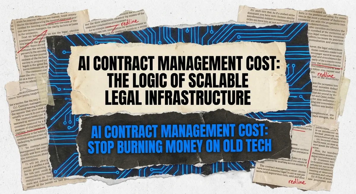 AI contract management cost comparison torn paper collage art
