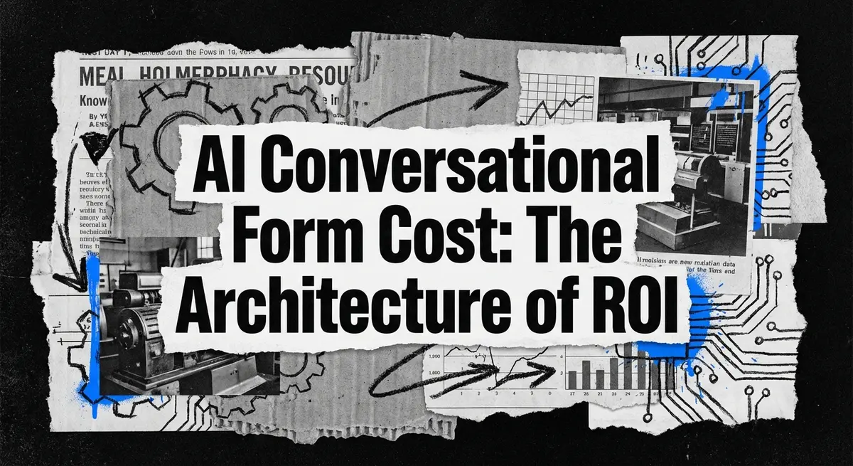 AI conversational form cost analysis conceptual art with torn paper and electric blue accents