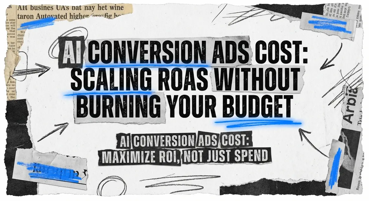 AI conversion ads cost collage with torn paper and electric blue accents