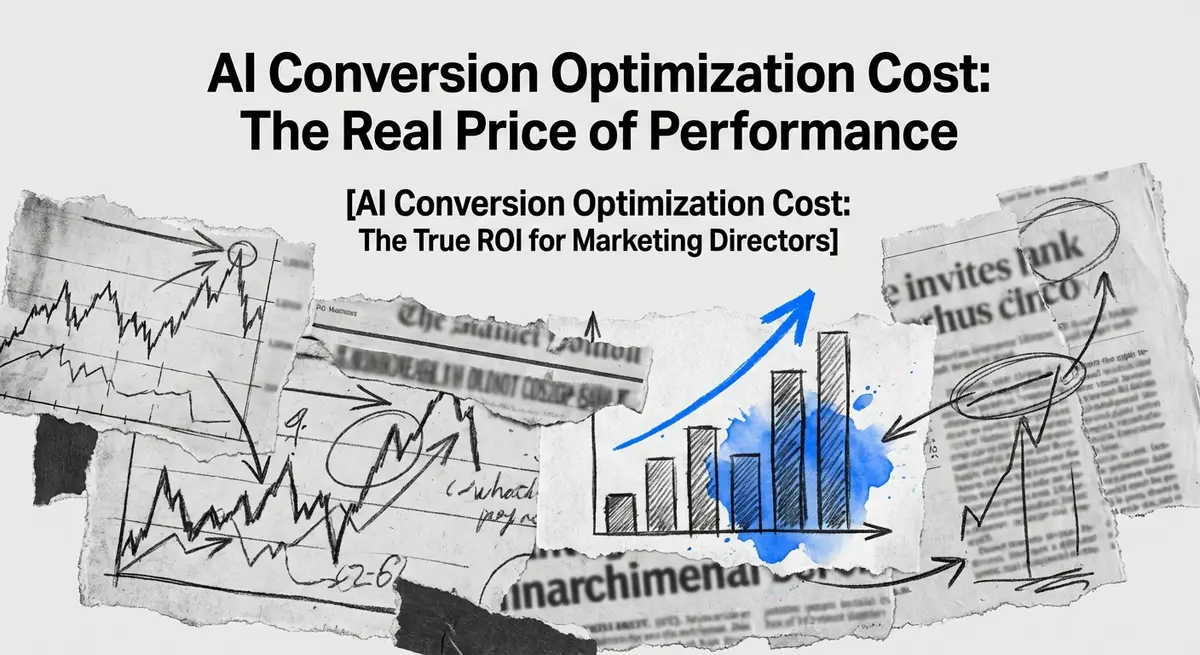 Torn paper collage style illustration about AI conversion optimization cost with #0066FF blue accents
