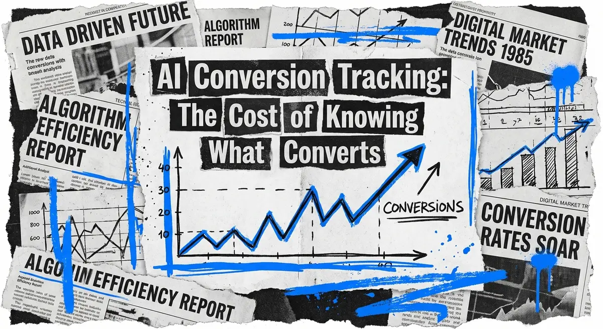 AI conversion tracking pricing collage art with torn paper and electric blue accents