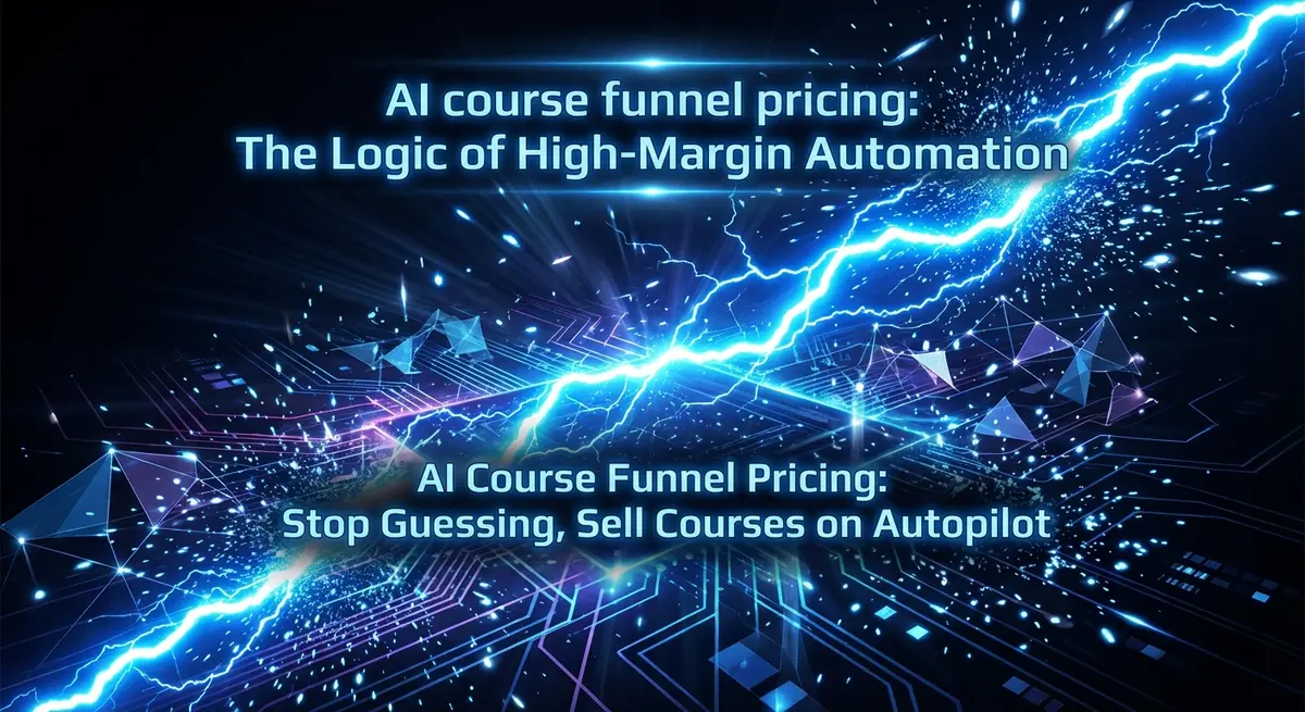 AI course funnel pricing featured image with electric blue lightning and digital landscape
