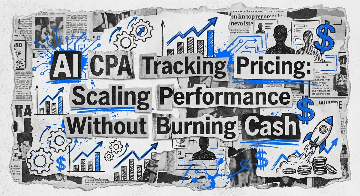 AI CPA Tracking Pricing collage with torn paper and electric blue accents