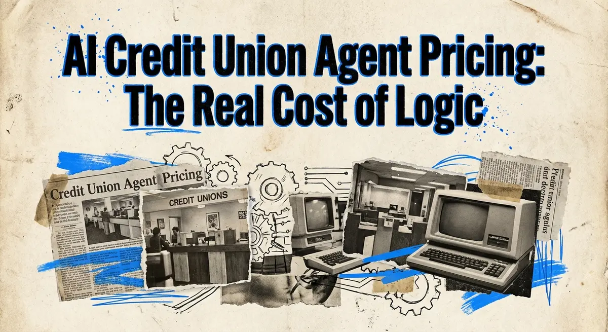 AI Credit Union Agent Pricing collage with torn paper and electric blue accents