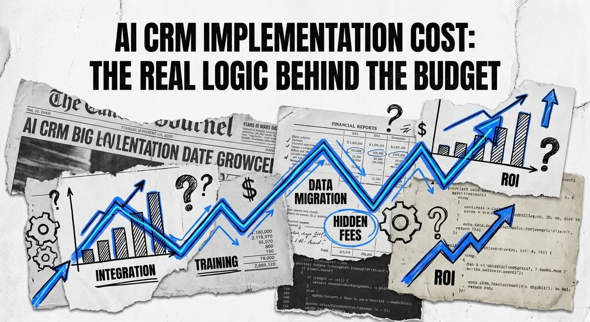 AI CRM implementation cost collage with financial charts and digital elements