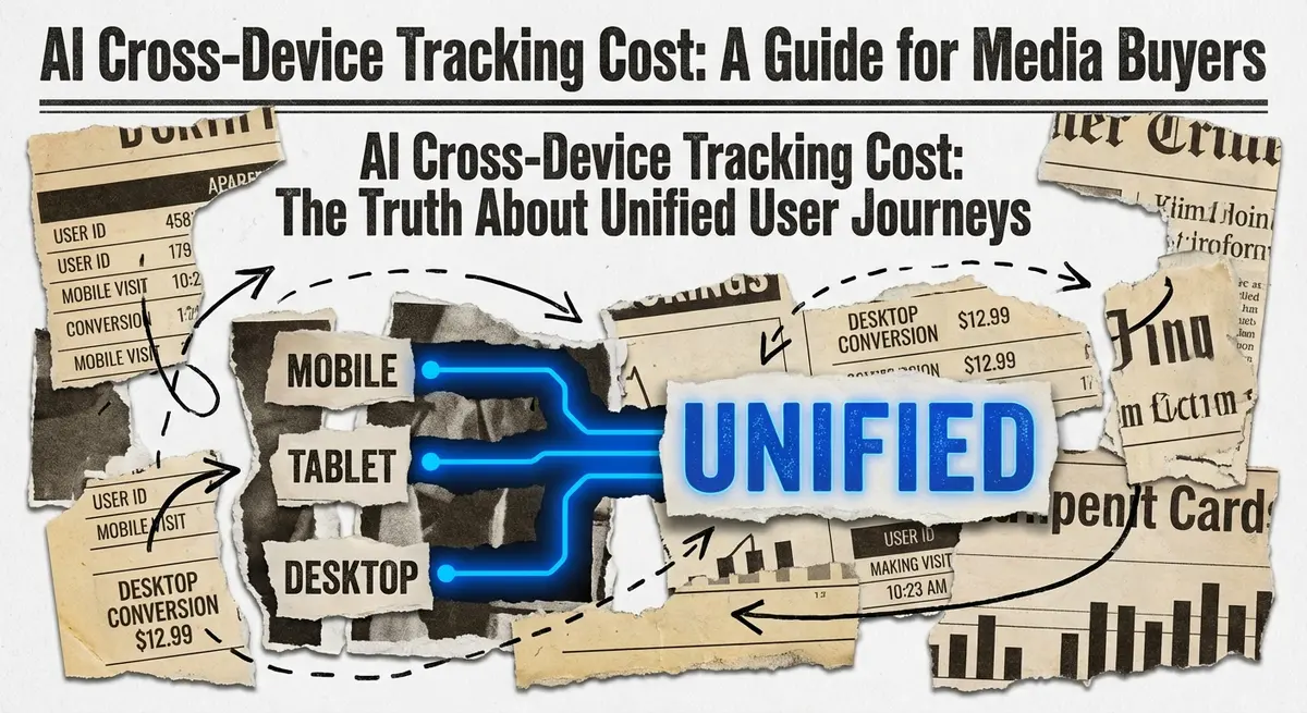 AI cross-device tracking cost illustration showing unified user journeys with #0066FF accents