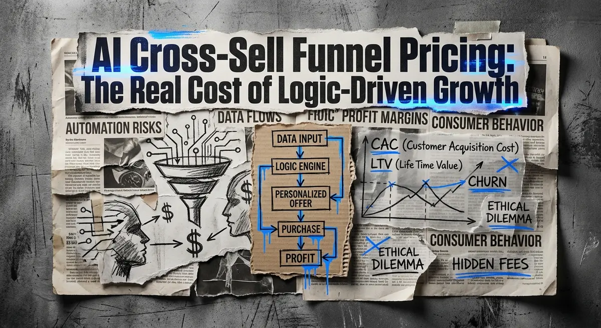 AI cross-sell funnel pricing collage with torn paper and electric blue accents