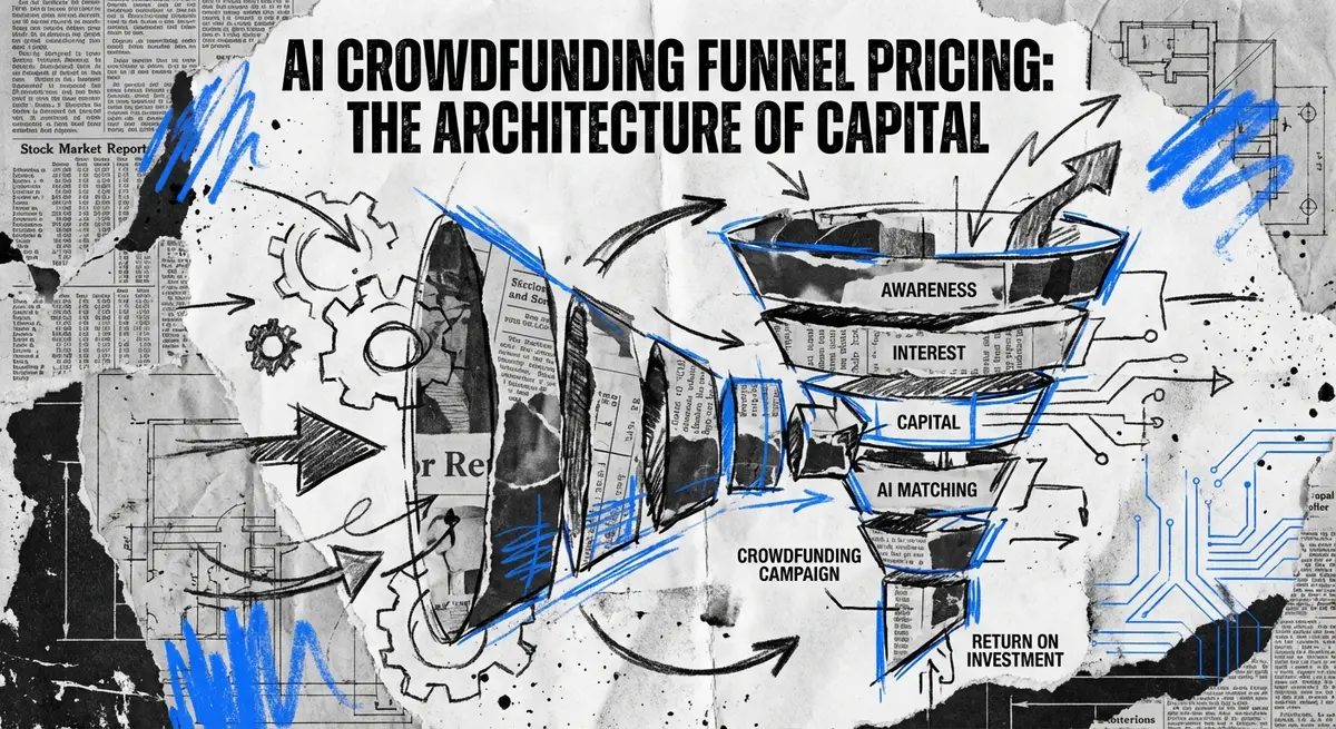 AI Crowdfunding Funnel Pricing: The Architecture of Capital torn paper collage with electric blue accents
