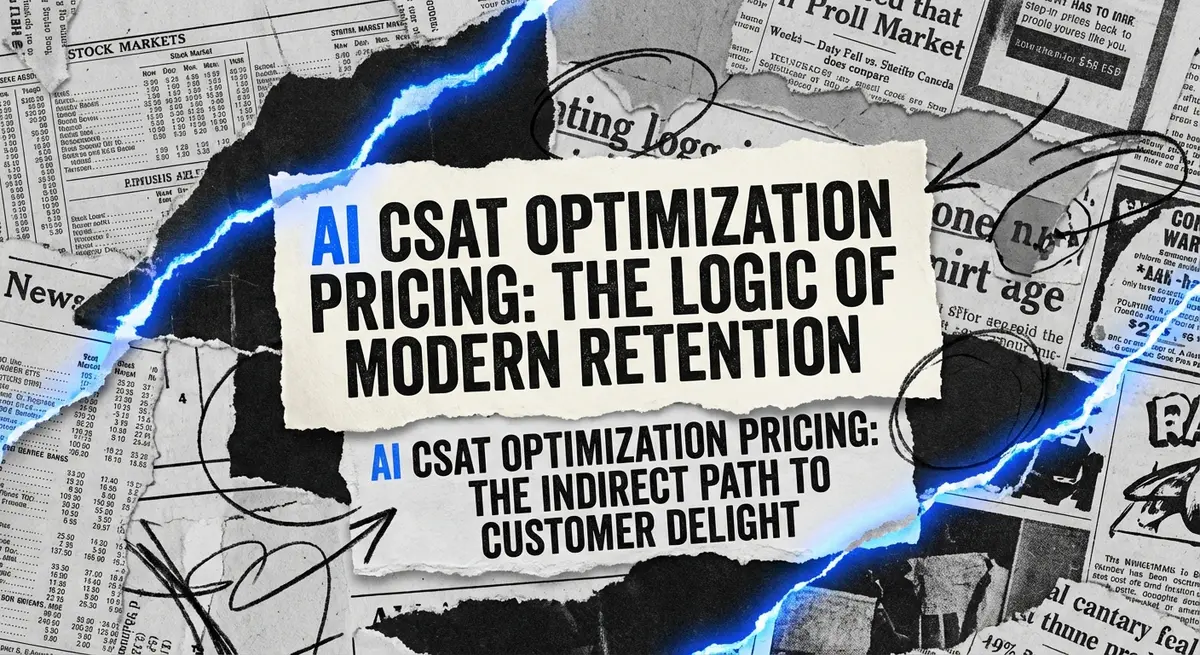 AI CSAT Optimization Pricing featured image showing torn paper collage with electric blue accents