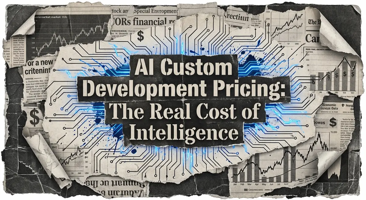 ai custom development pricing breakdown collage with torn paper and financial charts