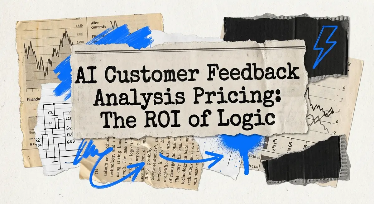 Artistic collage representing ai customer feedback analysis pricing with torn paper and electric blue accents