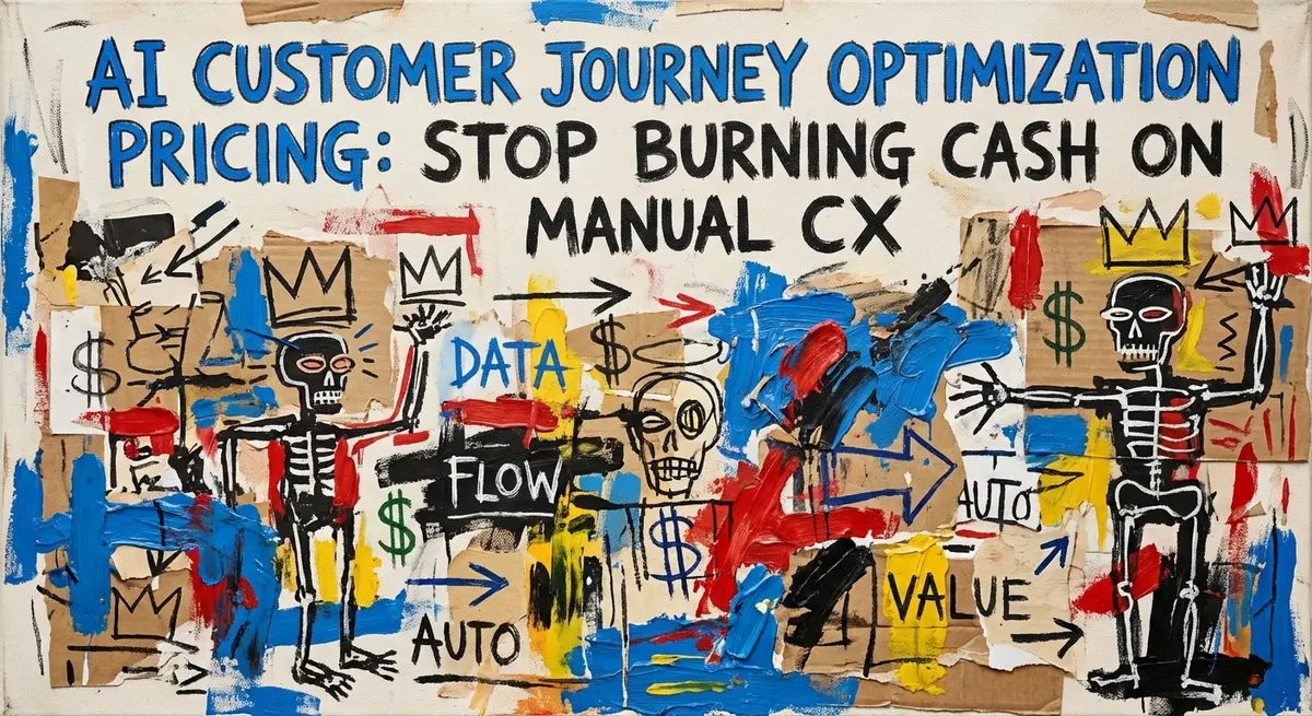 Basquiat style artwork featuring AI customer journey optimization pricing text with electric blue accents