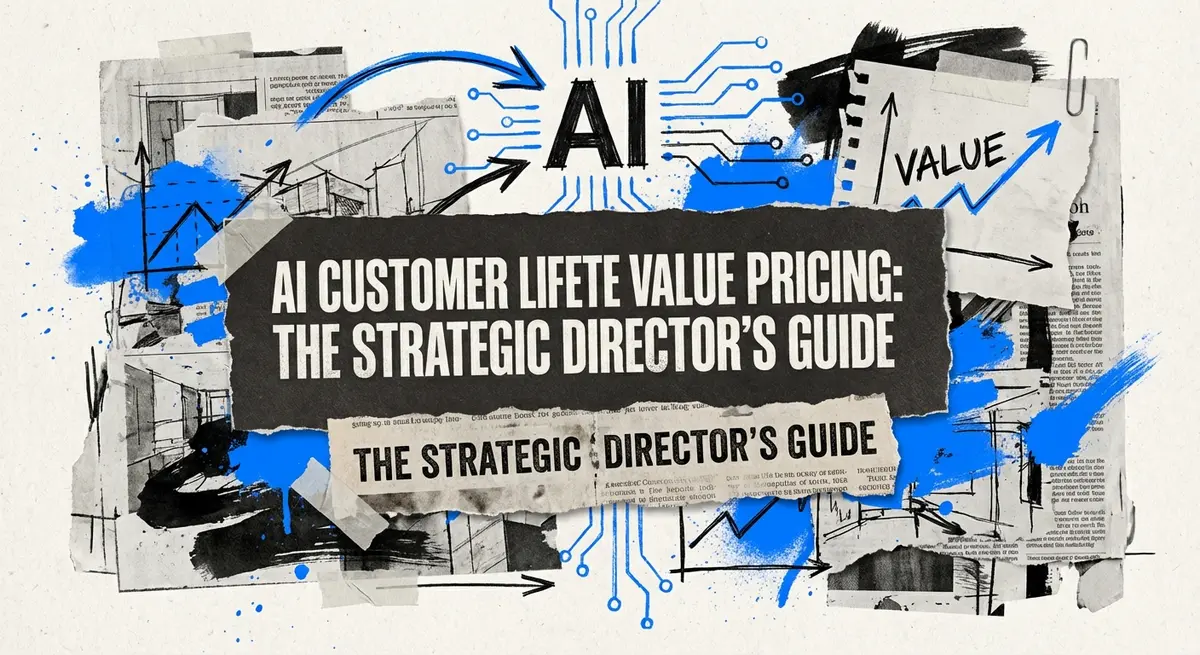 AI Customer Lifetime Value Pricing collage with torn paper and blue accents