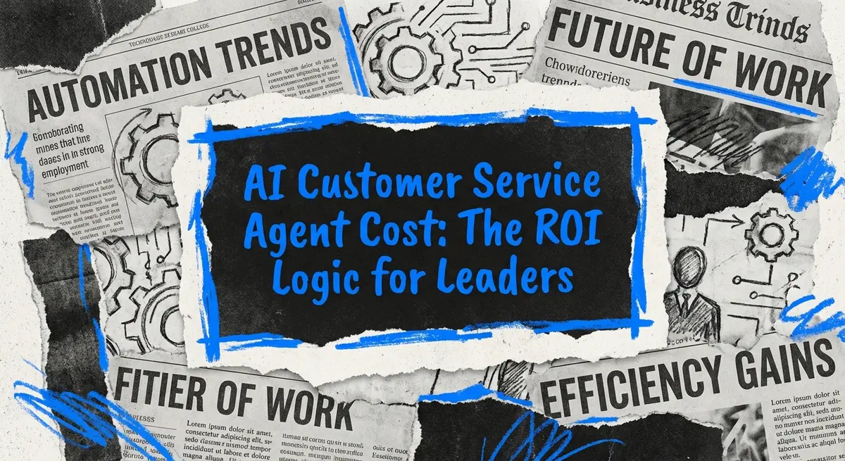 AI Customer Service Agent Cost collage with torn paper and electric blue accents