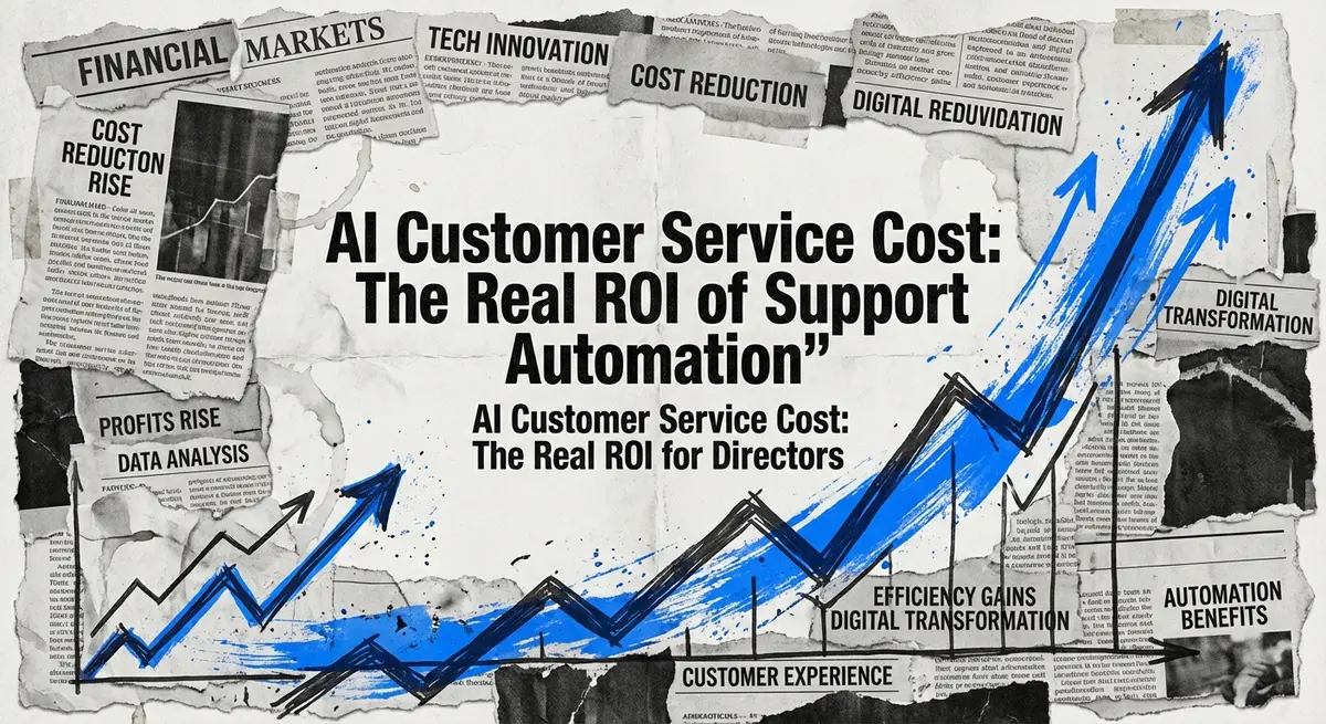 AI customer service cost analysis showing torn paper collage with ROI charts and blue accents