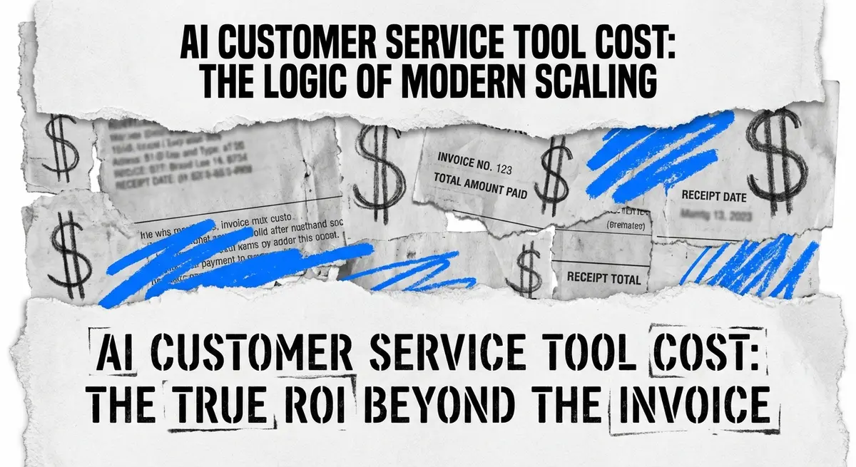 AI customer service tool cost collage with torn paper and electric blue accents