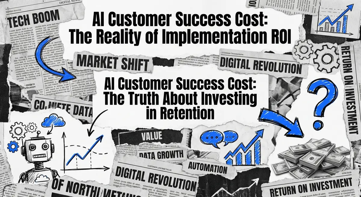 AI Customer Success Cost collage with torn paper and electric blue accents