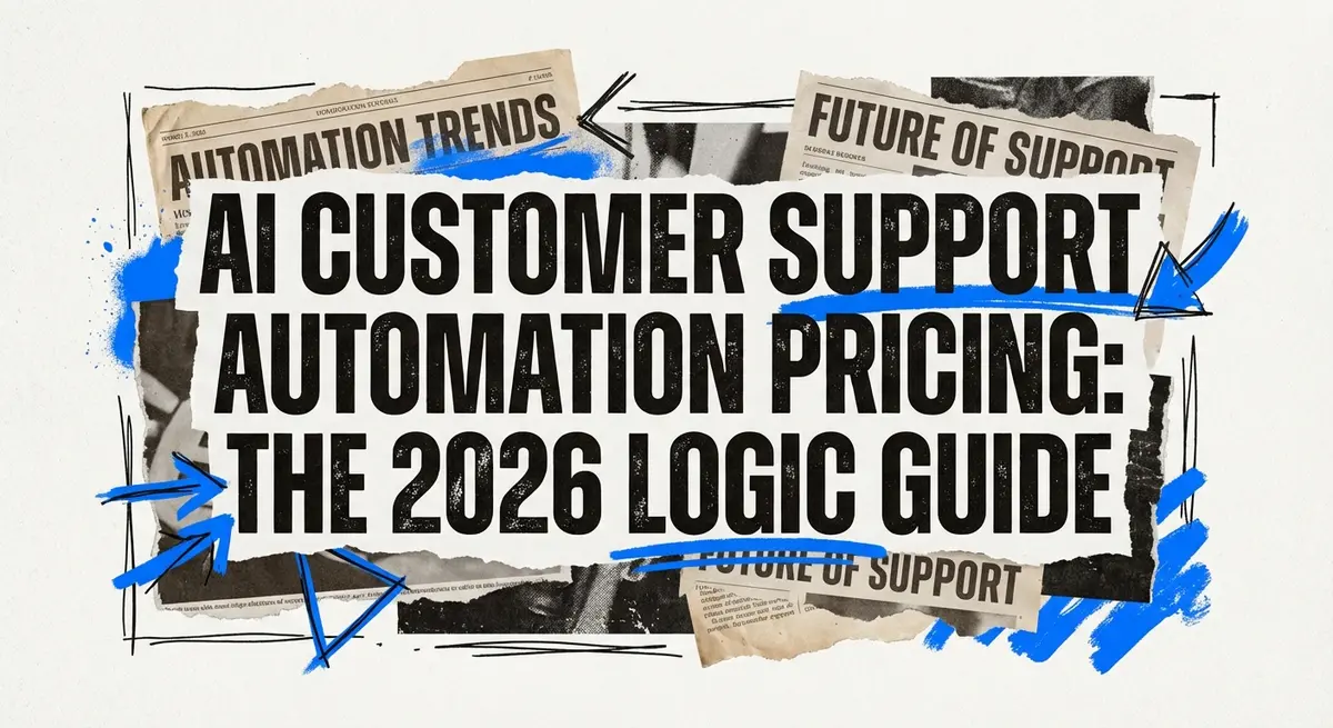 AI customer support automation pricing guide collage with torn paper and electric blue accents