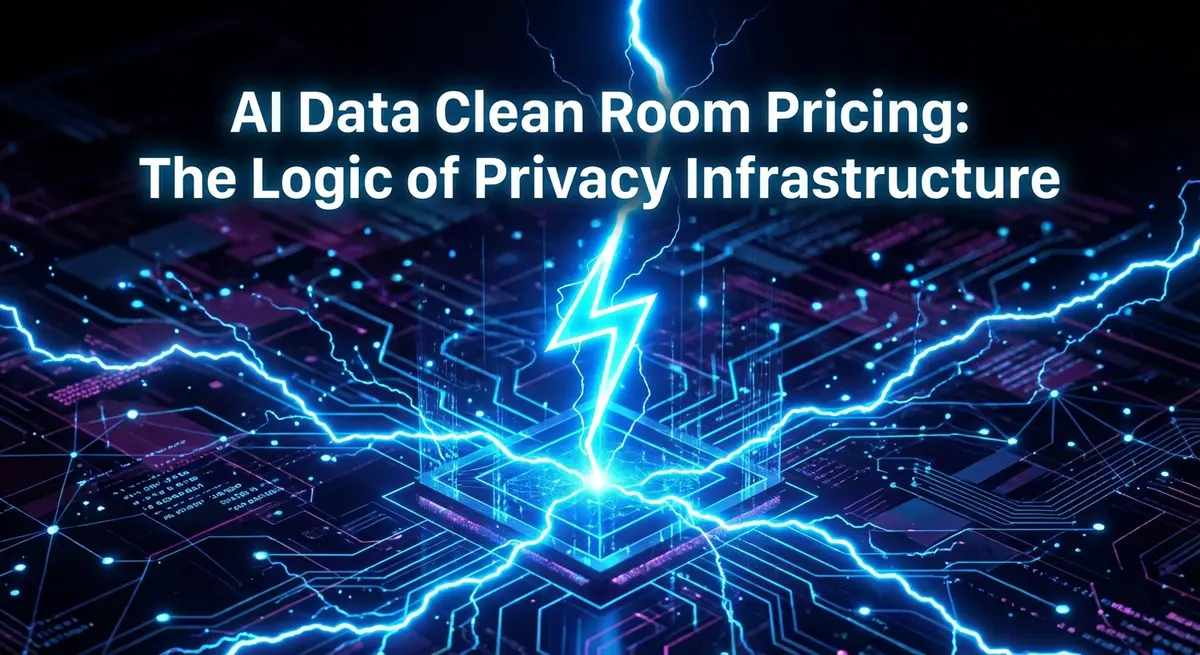 AI data clean room pricing visualization with electric blue lightning and digital infrastructure background