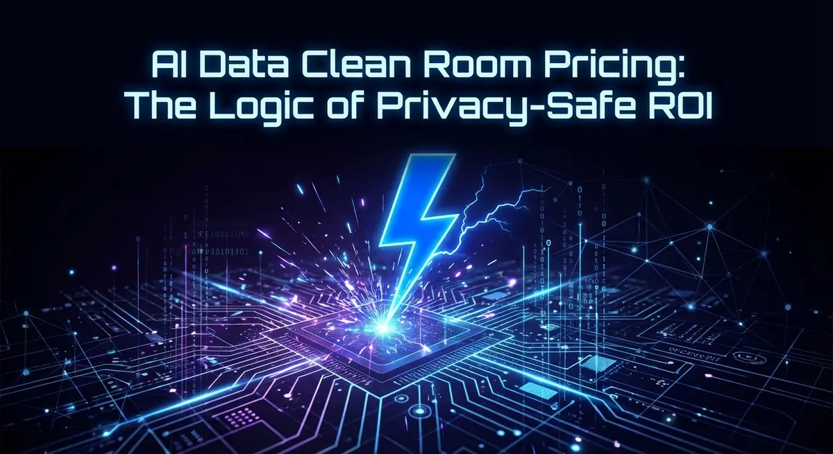 Abstract digital landscape with electric blue lightning illustrating ai data clean room pricing dynamics and privacy-safe ROI