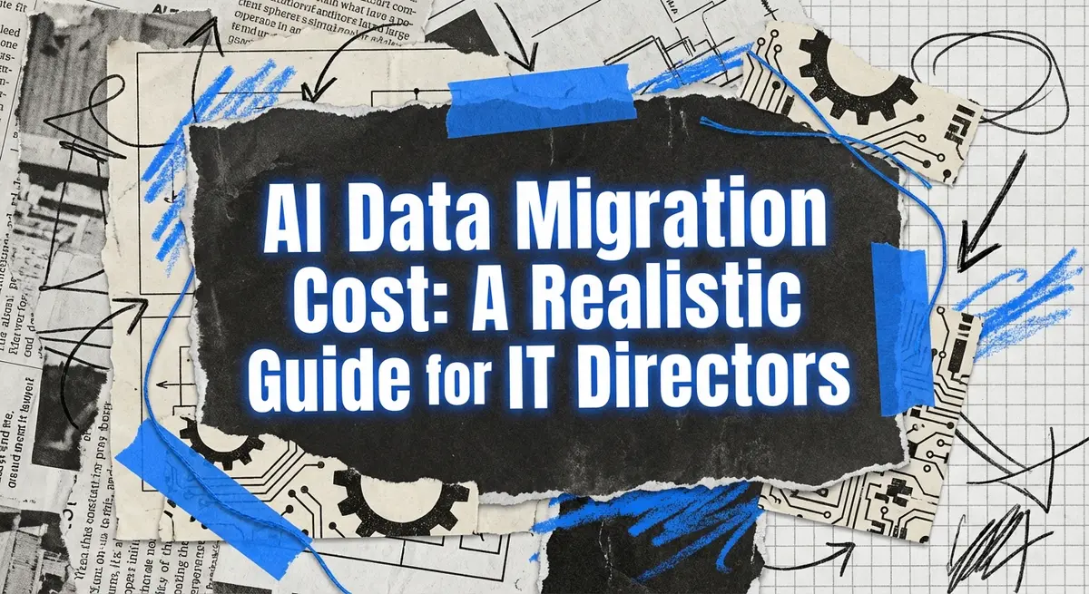 AI Data Migration Cost collage with torn paper and electric blue accents