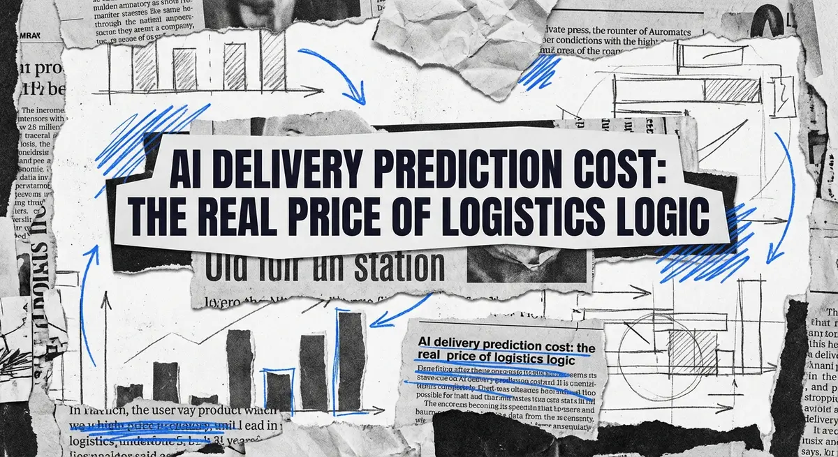 AI delivery prediction cost analysis collage with torn paper aesthetic and blue accents