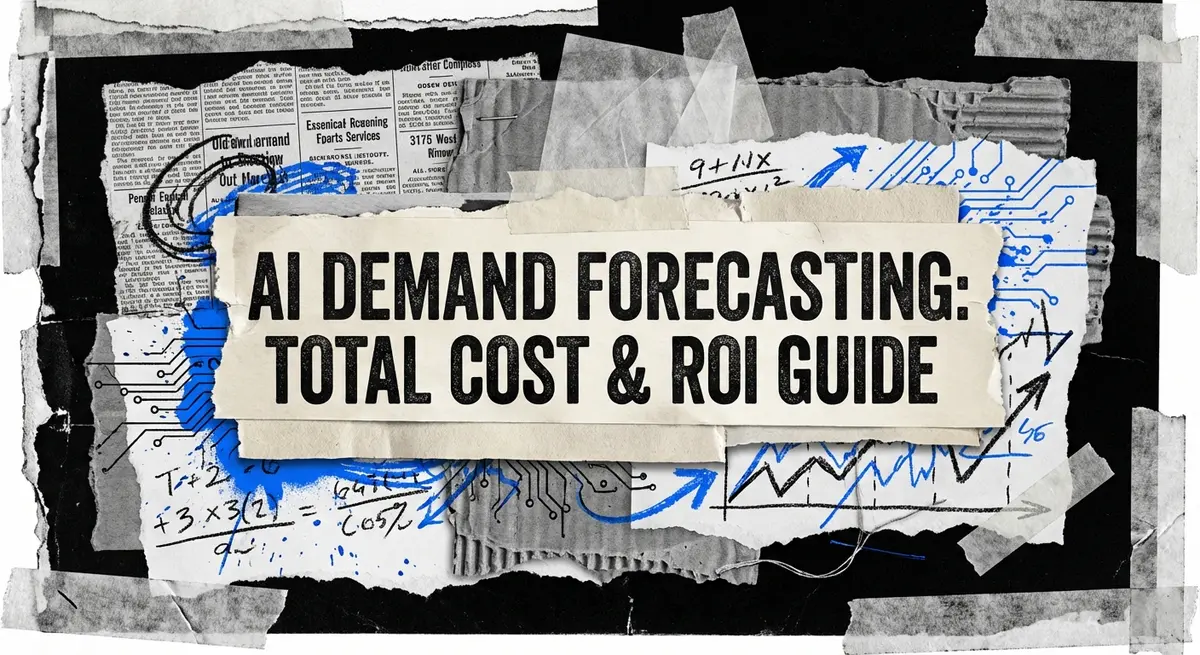 AI demand forecasting pricing guide showing torn paper collage style with ROI charts