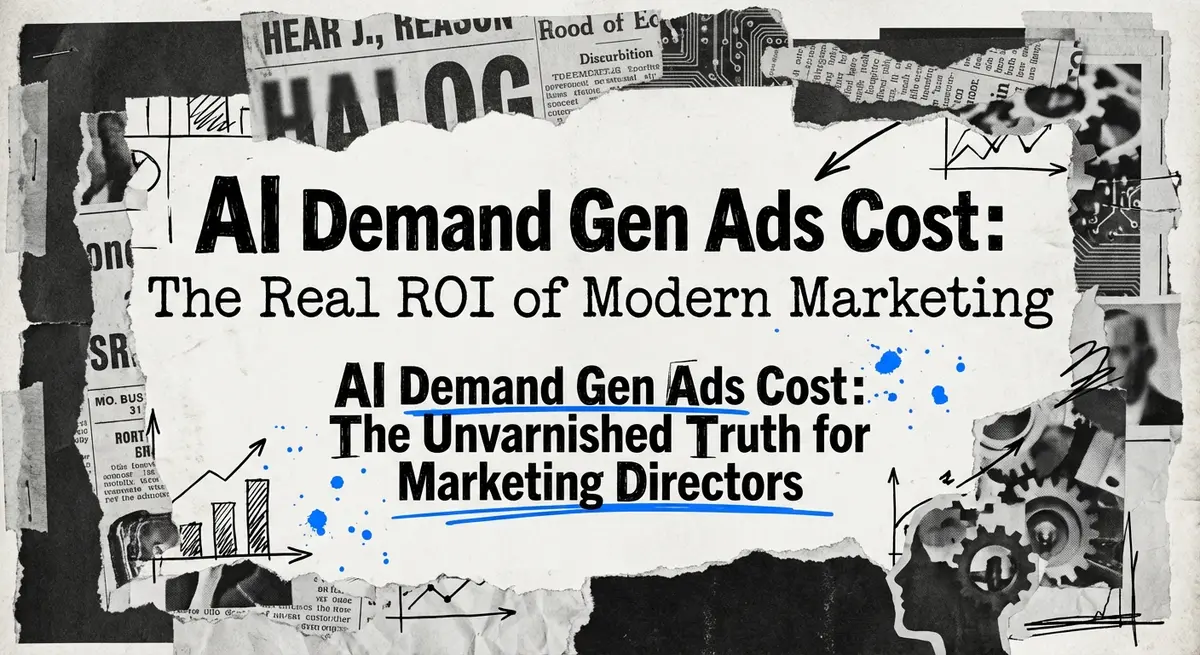 Torn paper collage featuring the title AI Demand Gen Ads Cost with electric blue accents