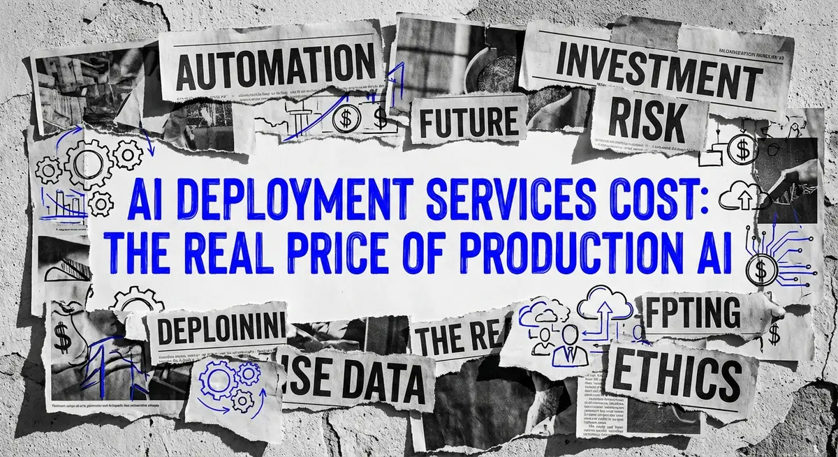 AI deployment services cost visualization using torn paper collage style with electric blue accents
