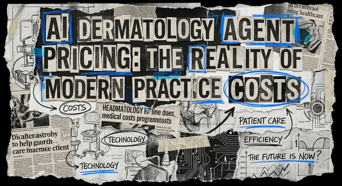 AI dermatology agent pricing collage with torn paper and electric blue accents