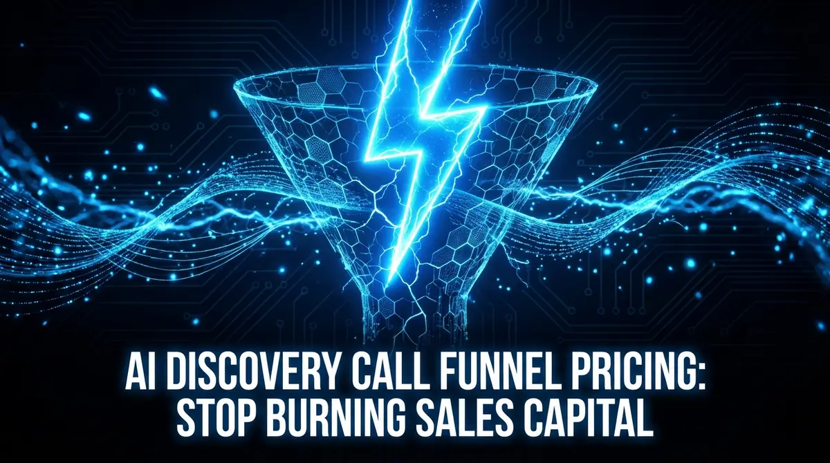 AI discovery call funnel pricing visualization with electric blue lightning and digital sales funnel