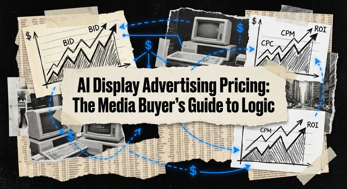 AI display advertising pricing collage with torn paper and digital data elements