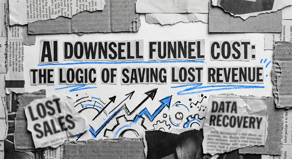 AI downsell funnel cost torn paper collage art with electric blue accents