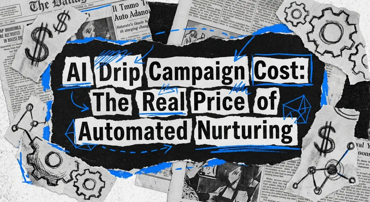 AI drip campaign cost conceptual collage with torn paper and electric blue accents