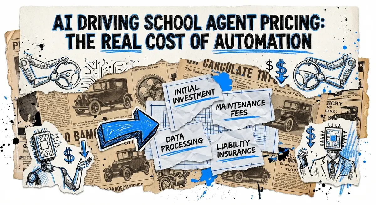 AI driving school agent pricing collage with torn paper and electric blue accents