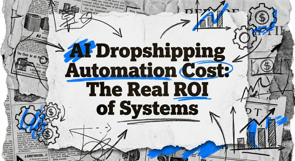 AI dropshipping automation cost collage with torn paper and electric blue accents