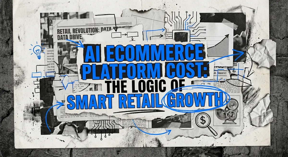 AI ecommerce platform cost analysis featuring torn paper collage with electric blue accents