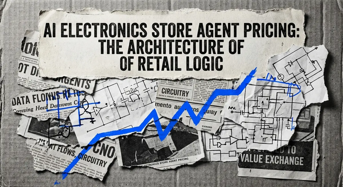 AI electronics store agent pricing concept art with torn paper style and electric blue accents