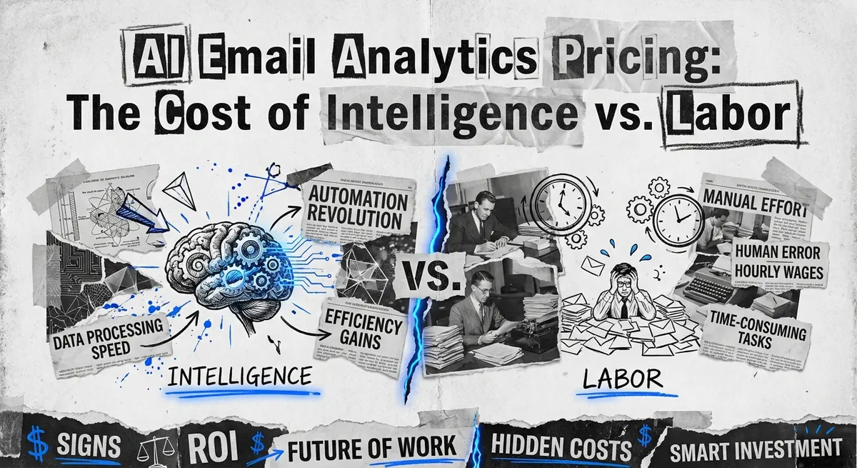 AI email analytics pricing comparison collage showing cost vs labor with SetupBots blue accents