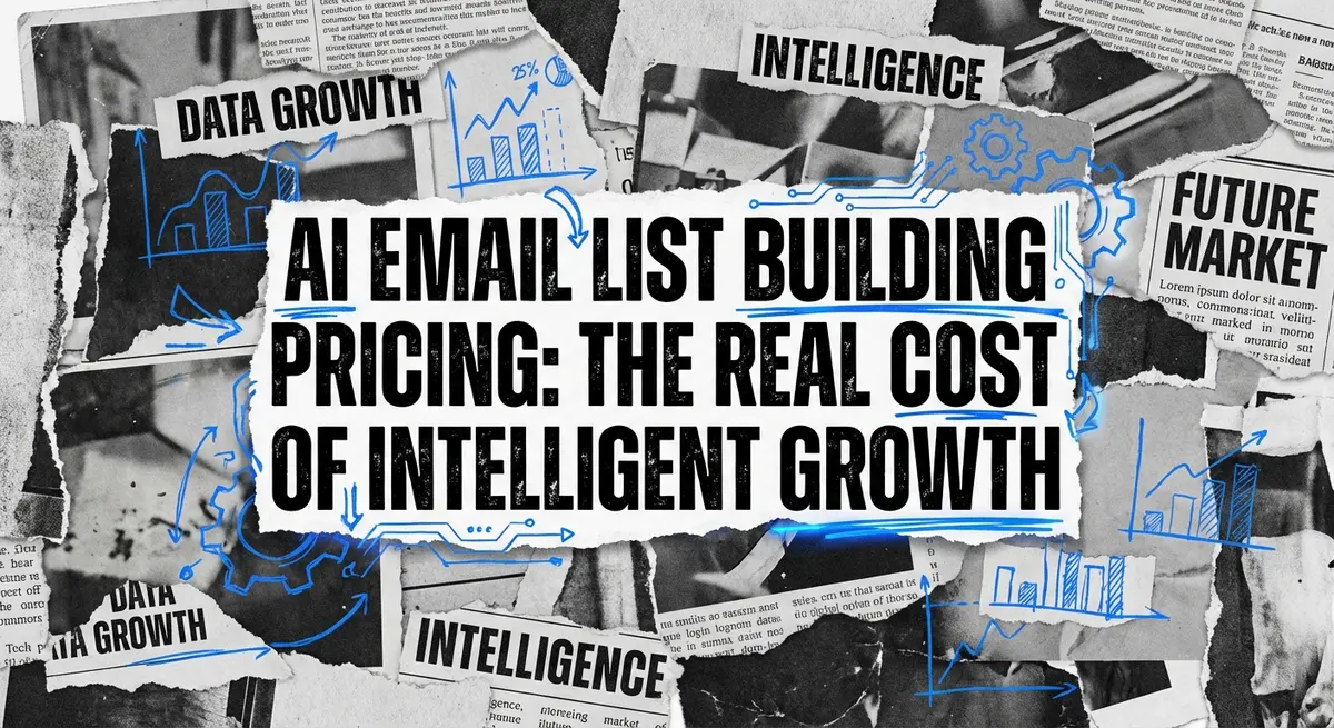 AI Email List Building Pricing torn paper collage style with electric blue accents