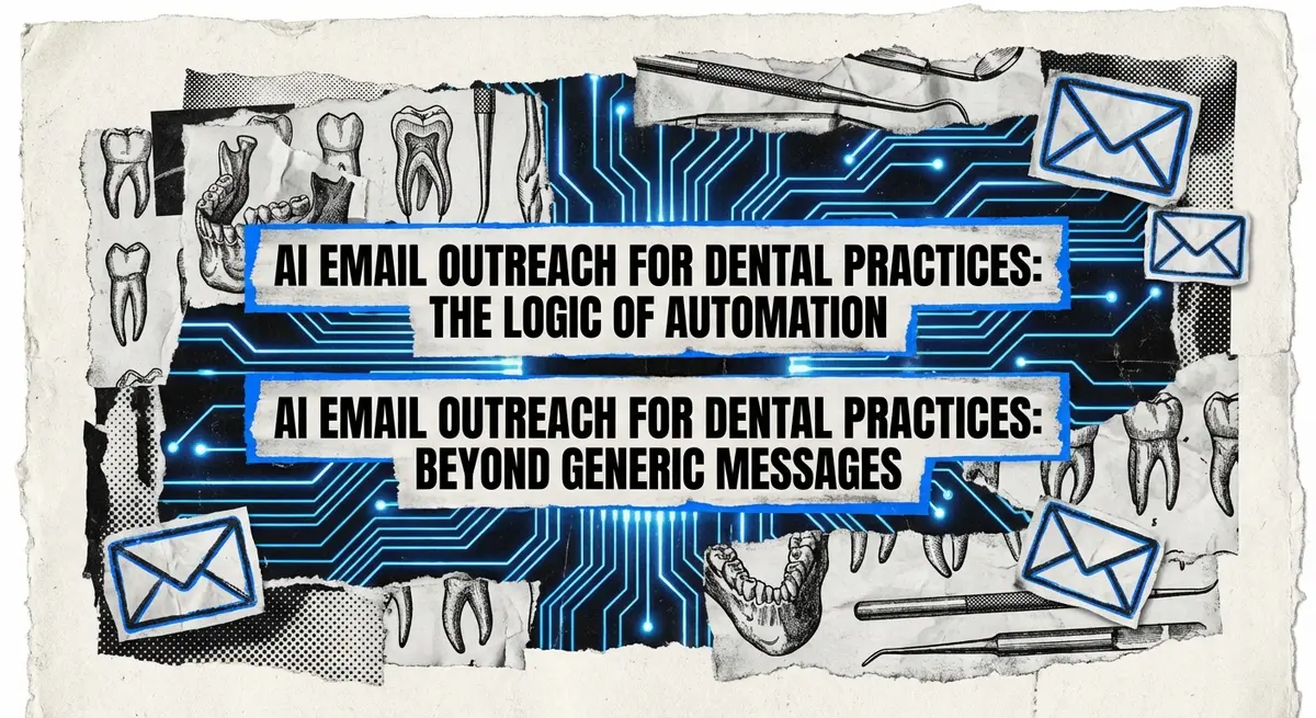 AI Email Outreach for Dental Practices torn paper collage with blue accents