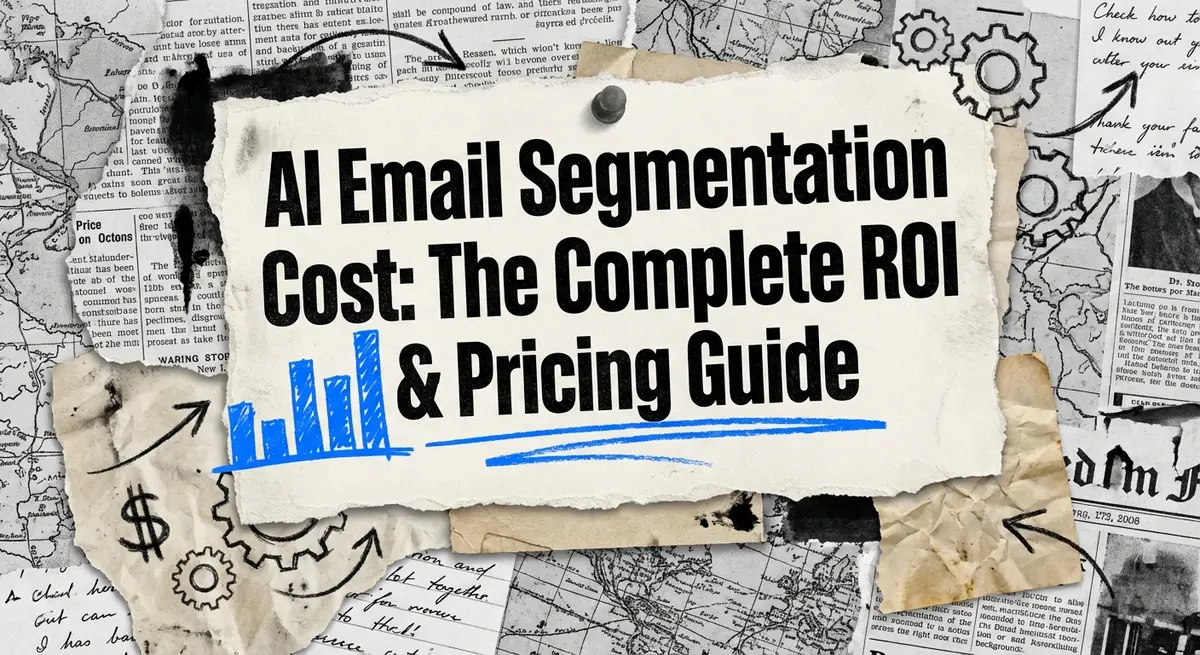 AI email segmentation cost collage with torn paper effect and blue accents
