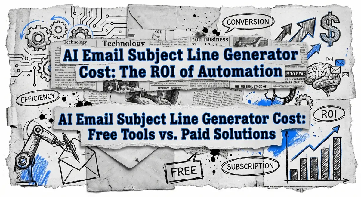 Torn paper collage featuring ai email subject line generator cost analysis with free vs paid tools comparison