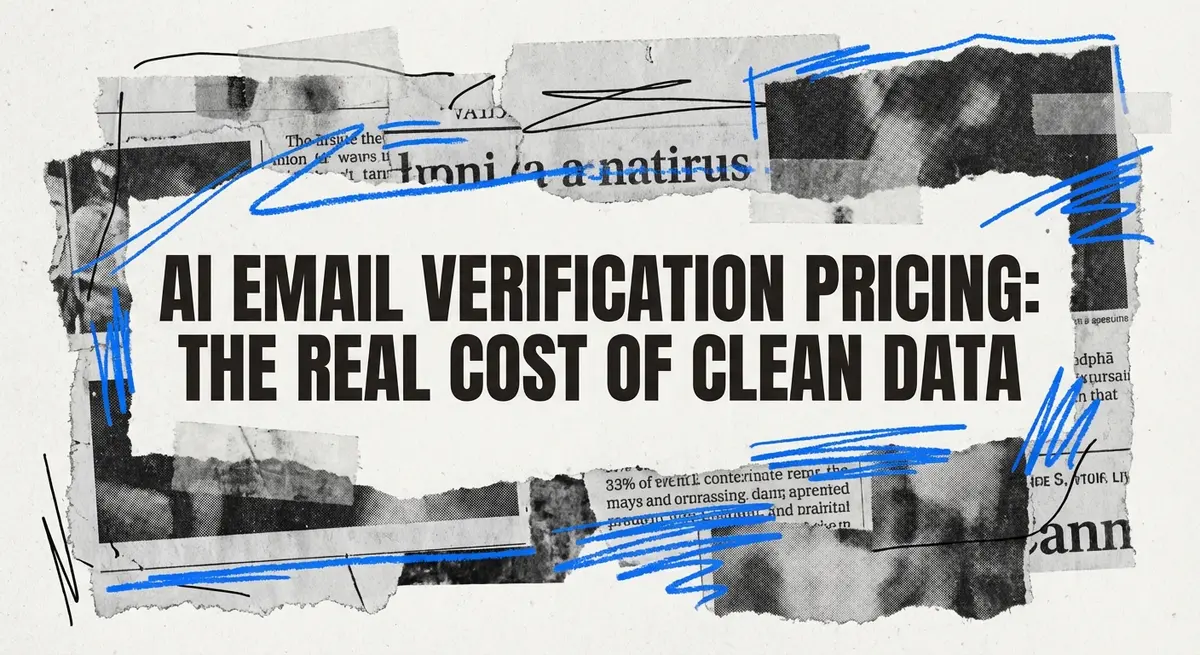 AI Email Verification Pricing collage with torn paper and electric blue accents