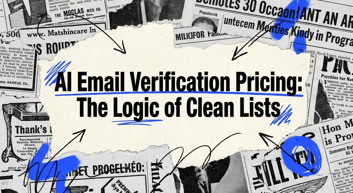 AI Email Verification Pricing collage with torn paper and electric blue accents