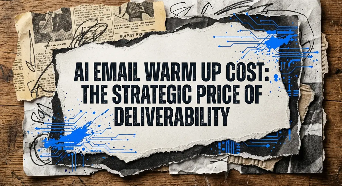 AI email warm up cost collage with torn paper and electric blue accents