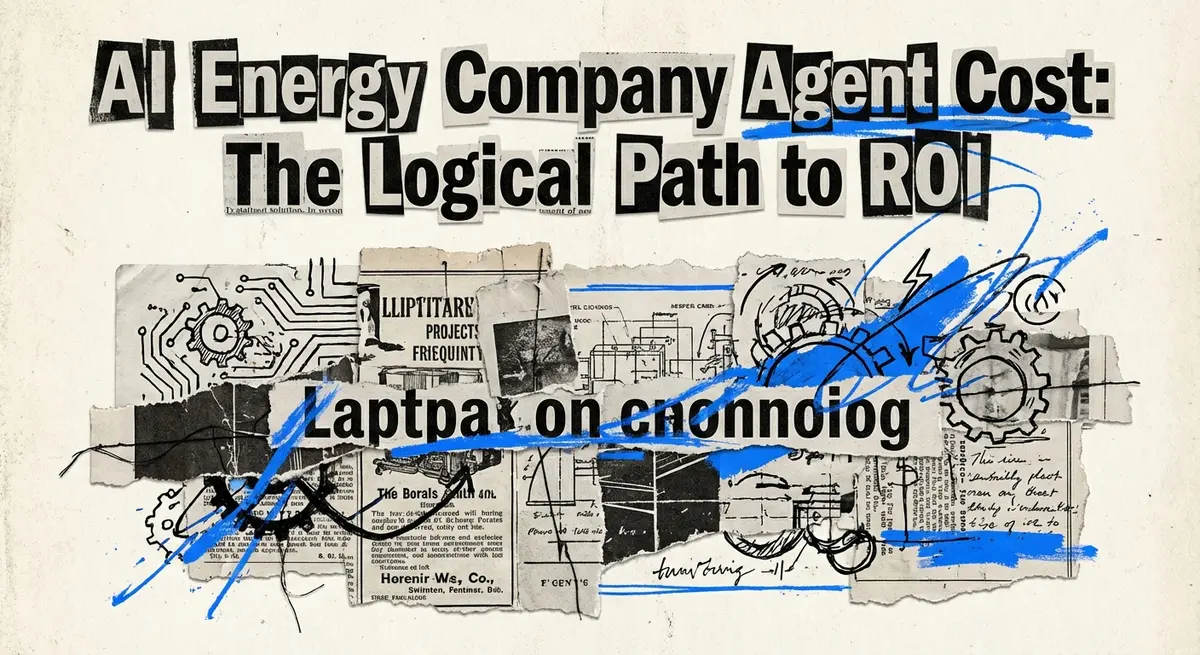 AI Energy Company Agent Cost torn paper collage with electric blue accents
